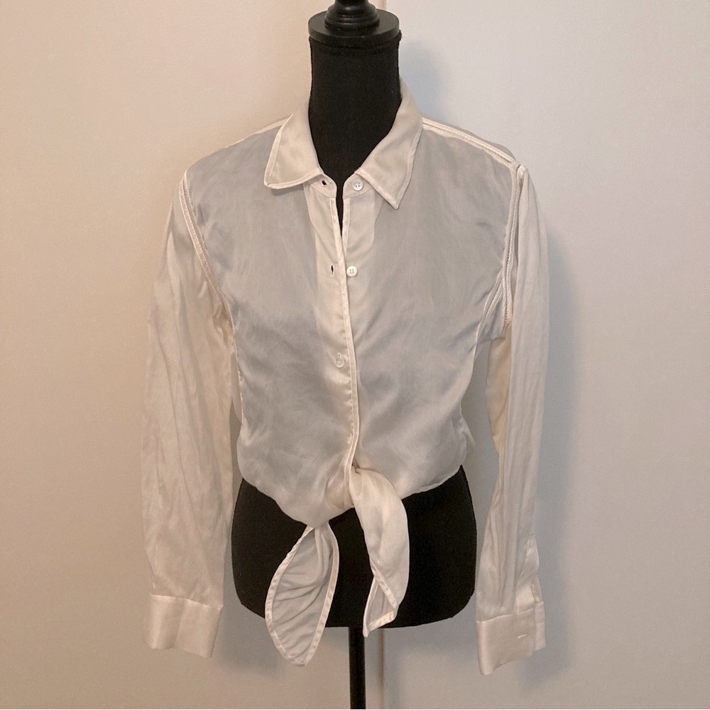 Vtg Sheer Emanuel Ungaro 100% Silk Button Down Cropped Shirt/Blouse Tie Front